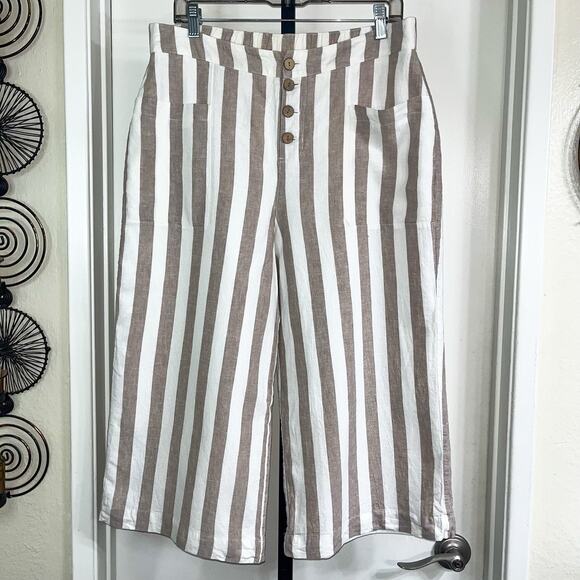 Lauren Conrad Linen Blend Cropped High Rise Pants - Tan White Stripe, Size L - Picture 2 of 8
